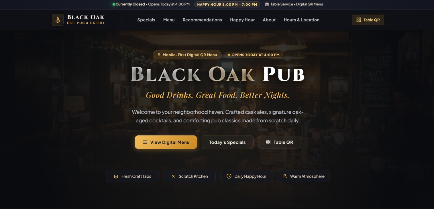 Black Oak Pub — Modern Pub Menu