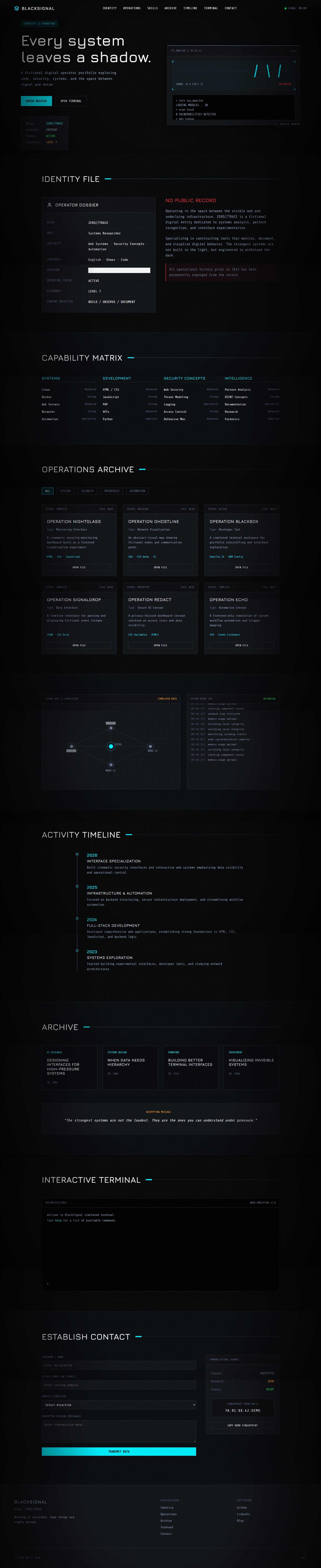 BlackSignal — Cinematic Hacker Portfolio example